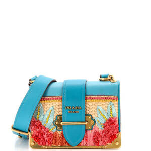 Prada Small Cahier Crossbody Bag Embroidered Straw with Leather